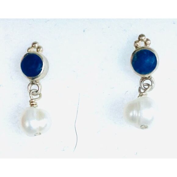 Beautiful Blue Agate, Pearl & Sterling 925 Silver Dangle Earrings - Picture 6 of 8